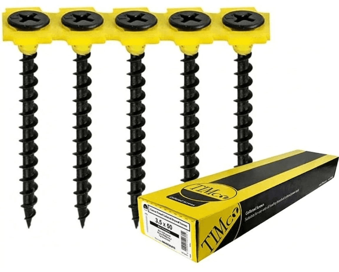 TIMco Coarse Thread Collated Drywall Screws 3.5 x 50 Black Phosphate Boxed - Image 1