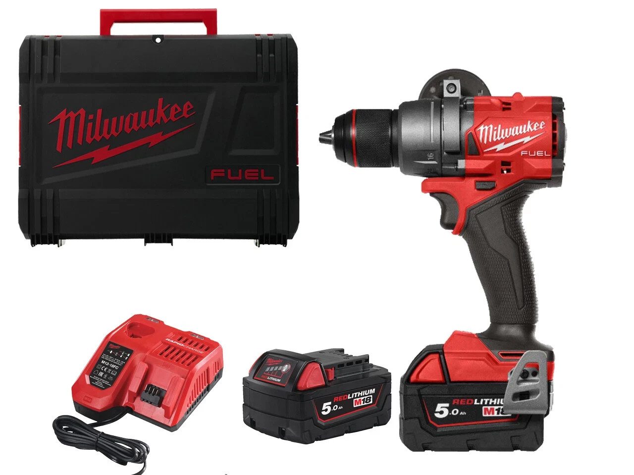 Milwaukee M18 FPD3-502X M18 FUEL Combi Drill Kit 2x 5.0Ah Batteries Charger Box - Image 1