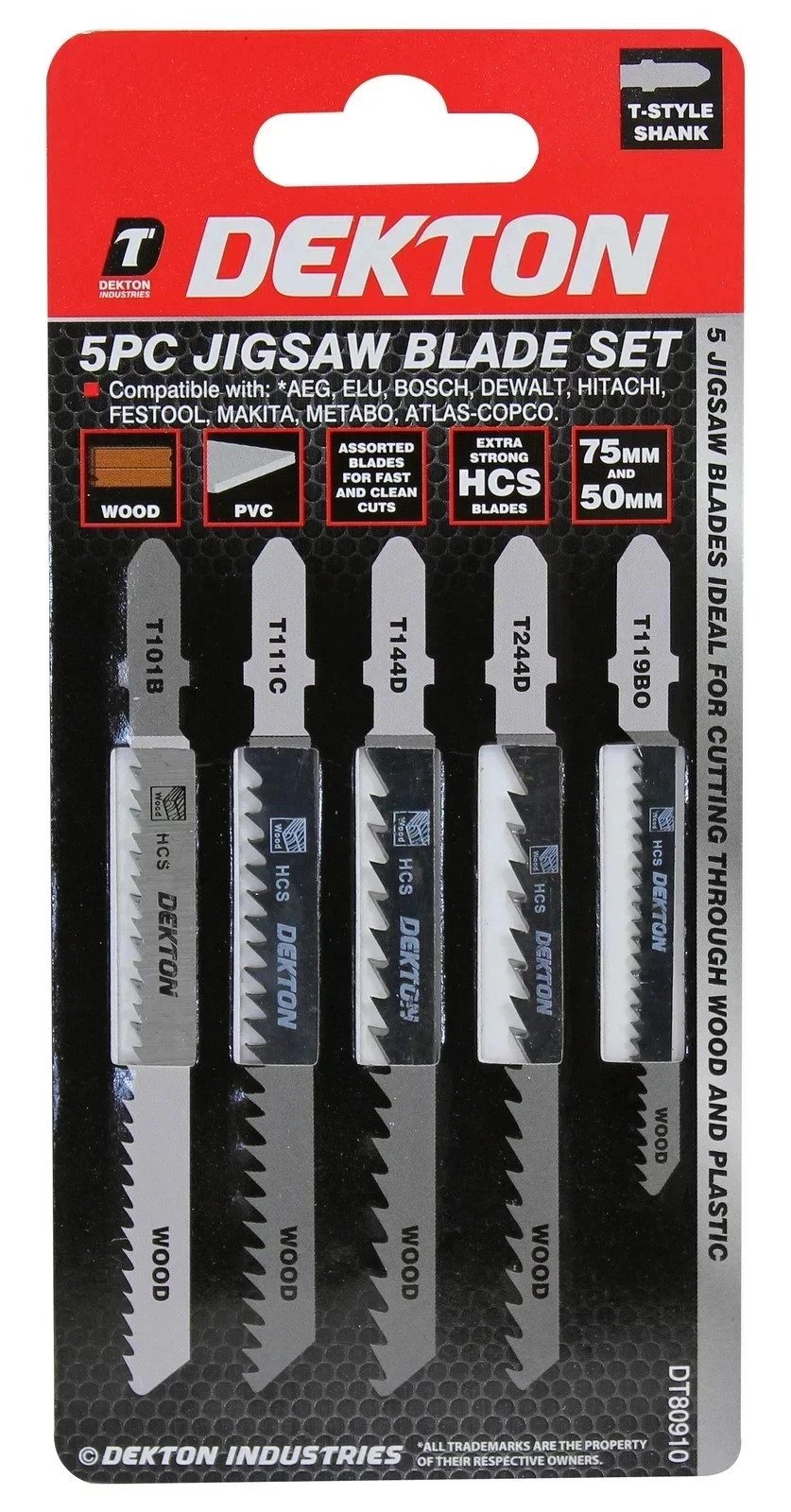 Dekton 5pc T-Shank Jigsaw Blade Set Wood & PVC T-Shank 75mm 50mm HCS - Image 1
