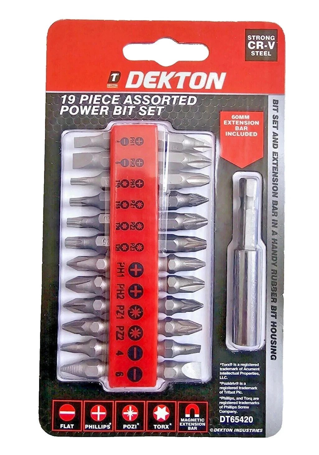 Dekton 19 Piece Power Bit Set Phillips Pozi Torx Flat + 60mm Extension - Image 1