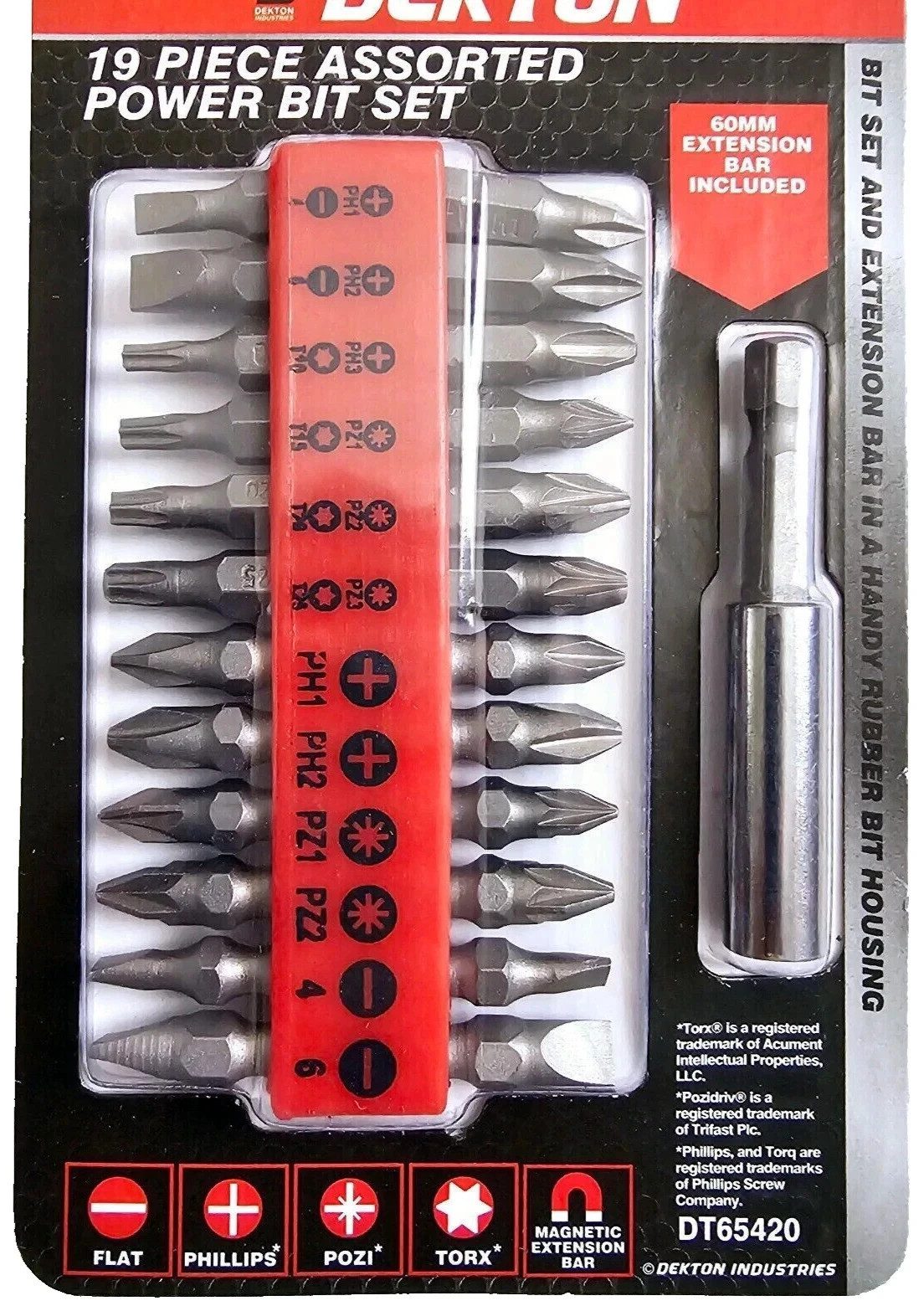 Dekton 19 Piece Power Bit Set Phillips Pozi Torx Flat + 60mm Extension - Image 2