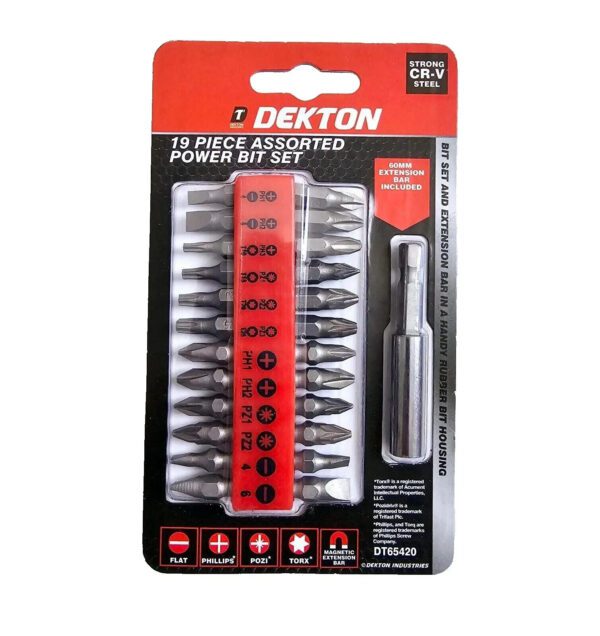 Dekton 19 Piece Power Bit Set Phillips Pozi Torx Flat + 60mm Extension