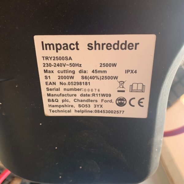 B&Q Impact Shredder TRY2500SA 230-240V 2500W Electric Garden Used