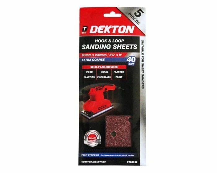 Dekton DT80742 Hook Loop Sanding Sheets 93x230mm 40 Grit Extra Coarse 5pc New - Image 1