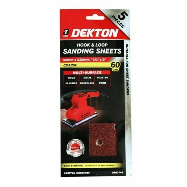Dekton DT80744 Hook Loop Sanding Sheets 93x230mm 60 Grit Coarse 5 Pack New - Image 1