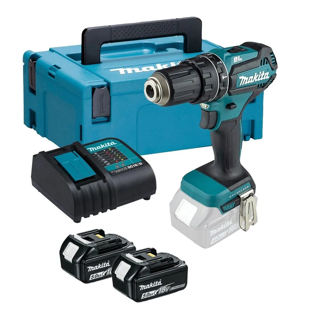 Makita DHP485STJ 18V LXT Brushless Combi Drill Kit 2x 5.0Ah Battery Charger New - Image 1