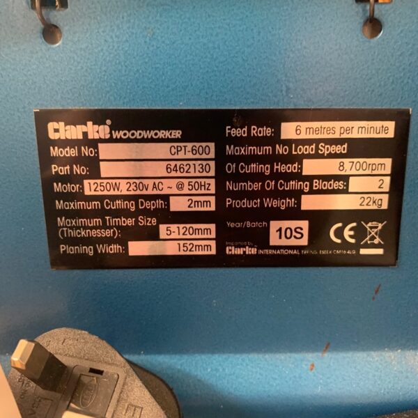 Clarke CPT-600 Planer Thicknesser 6in 150mm 230V Woodworker 1250W Benchtop Used
