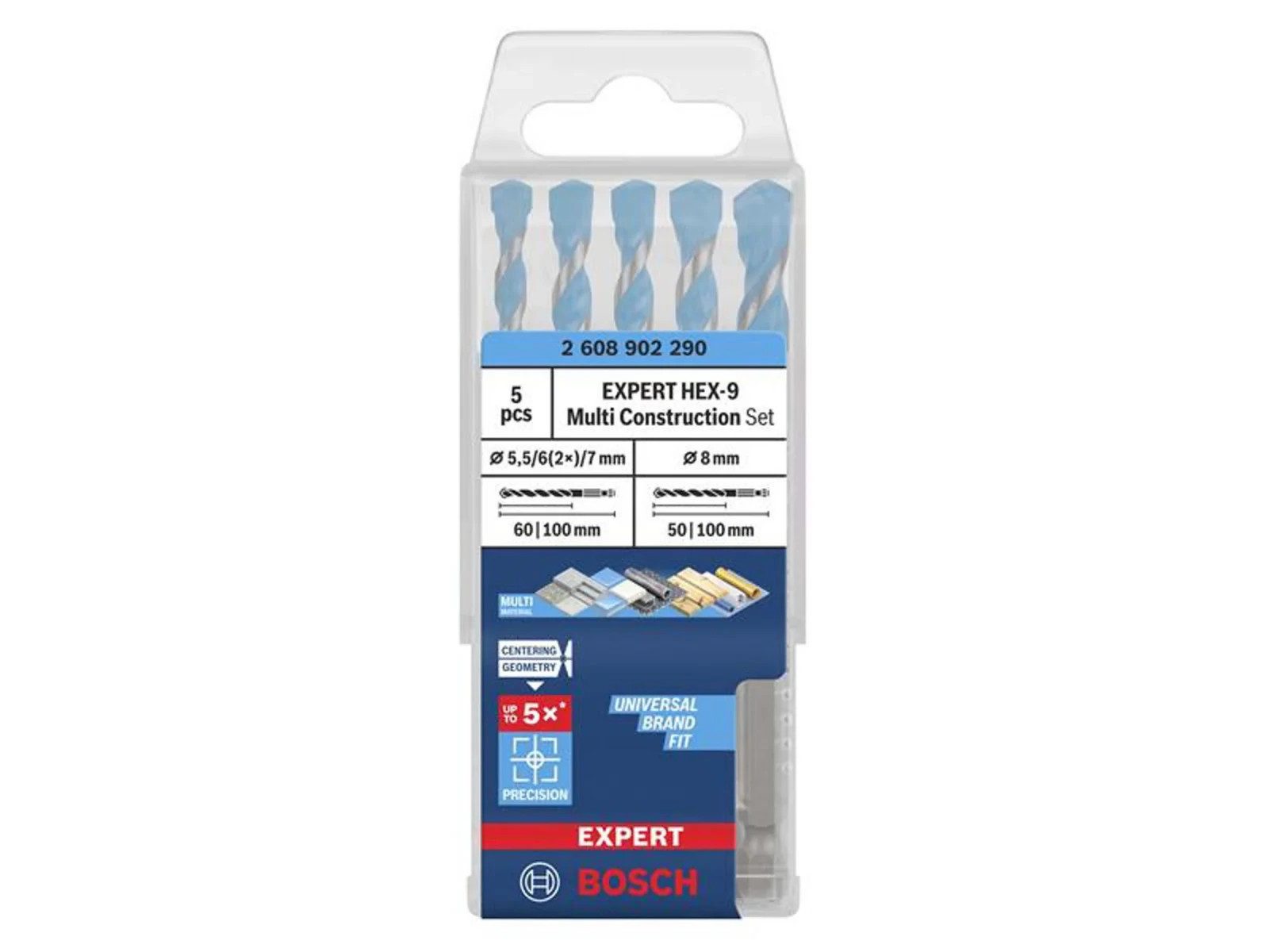 Bosch Expert HEX-9 MultiConstruction Drill Bit Set 5pc 5.5-8mm New - Image 1