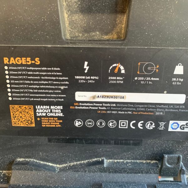 Evolution RAGE5-S 230V 255mm Multipurpose Table Saw 1800W With Stand