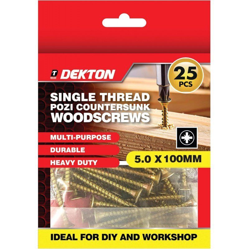 Dekton 5.0 x 100mm Wood Screws Pozi Countersunk Single Thread 25 Pack New