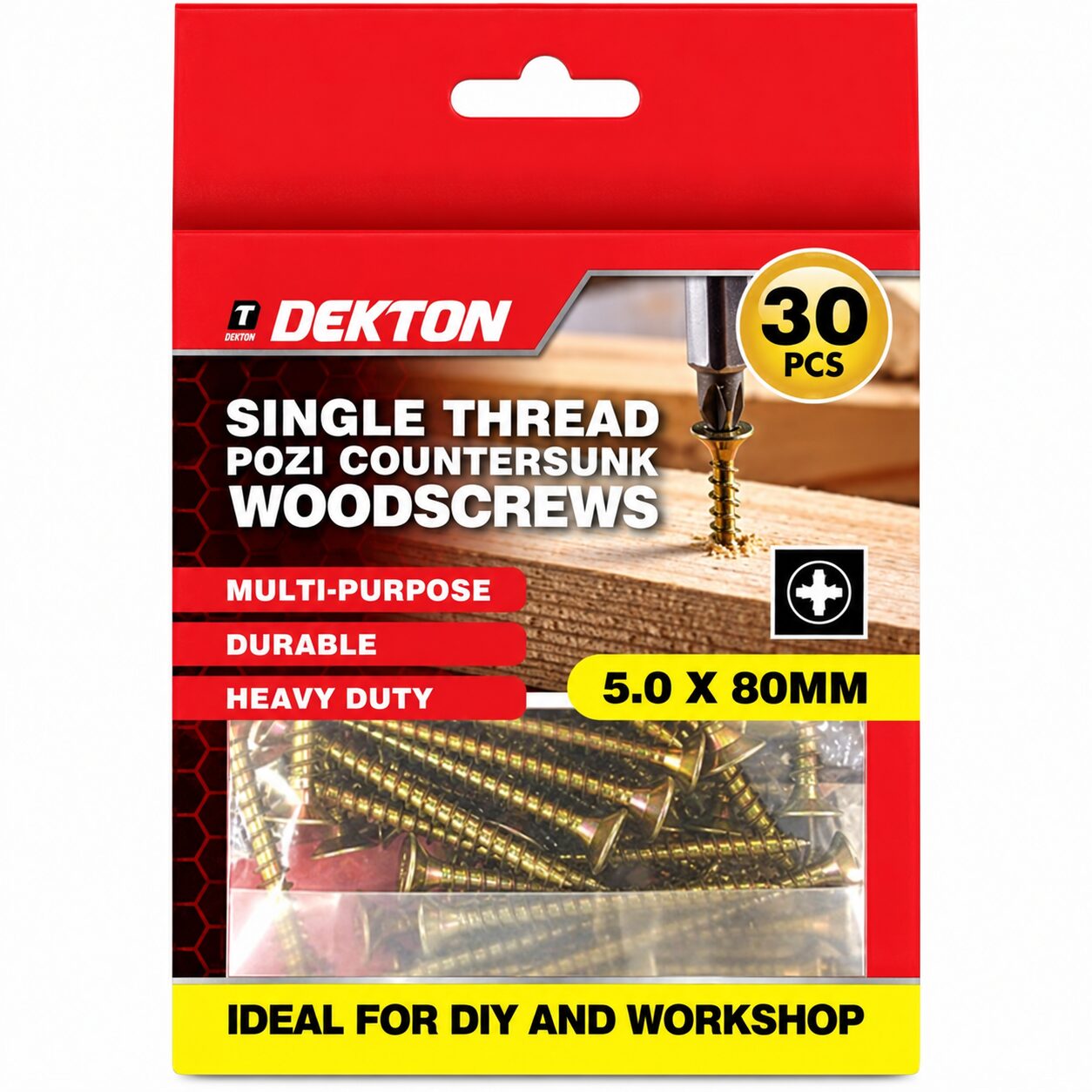 Dekton 5.0 x 80mm Wood Screws Pozi Countersunk Single Thread 30 Pack New - Image 1