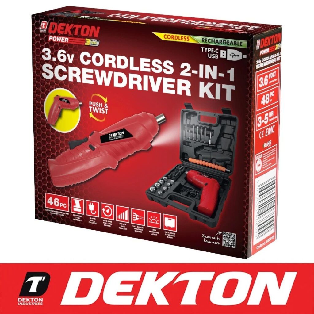 Dekton 3.6V Cordless Electric Screwdriver Kit 46pc 2-in-1 USB-C Rechargeable New