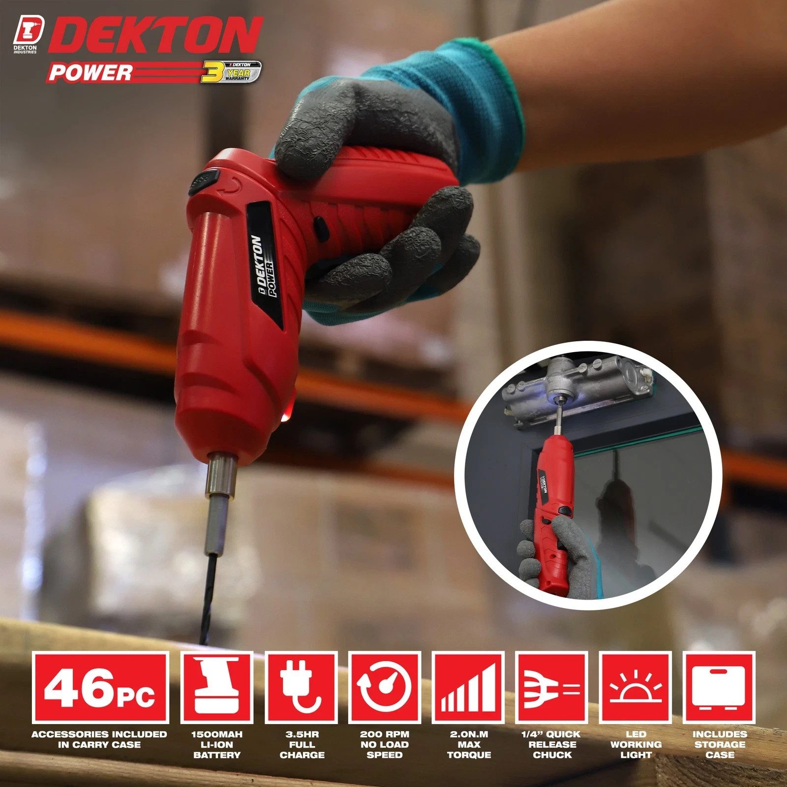 Dekton 3.6V Cordless Electric Screwdriver Kit 46pc 2-in-1 USB-C Rechargeable New - Image 4