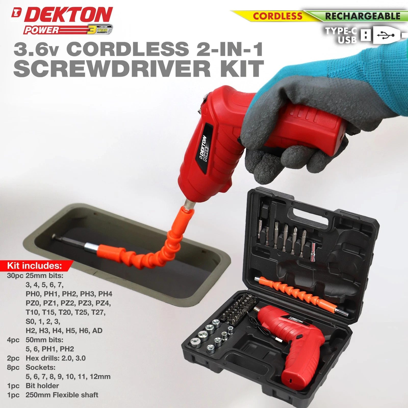 Dekton 3.6V Cordless Electric Screwdriver Kit 46pc 2-in-1 USB-C Rechargeable New - Image 6