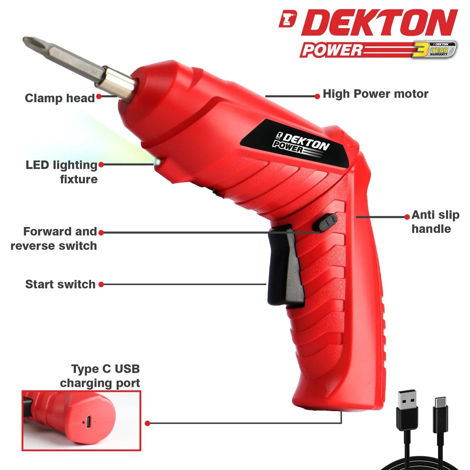 Dekton 3.6V Cordless Electric Screwdriver Kit 46pc 2-in-1 USB-C Rechargeable New - Image 8
