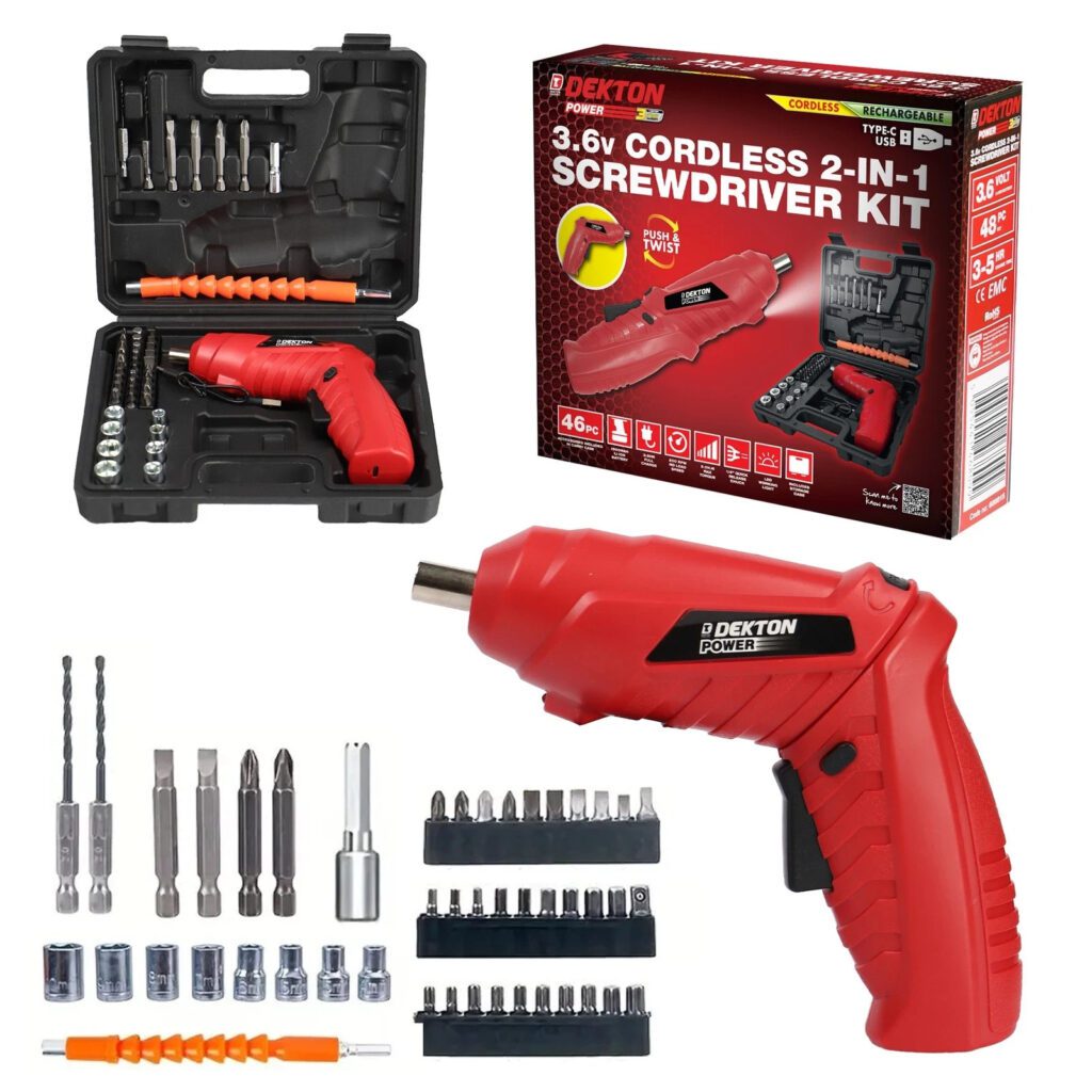 Dekton 3.6V Cordless Electric Screwdriver Kit 46pc 2-in-1 USB-C Rechargeable New
