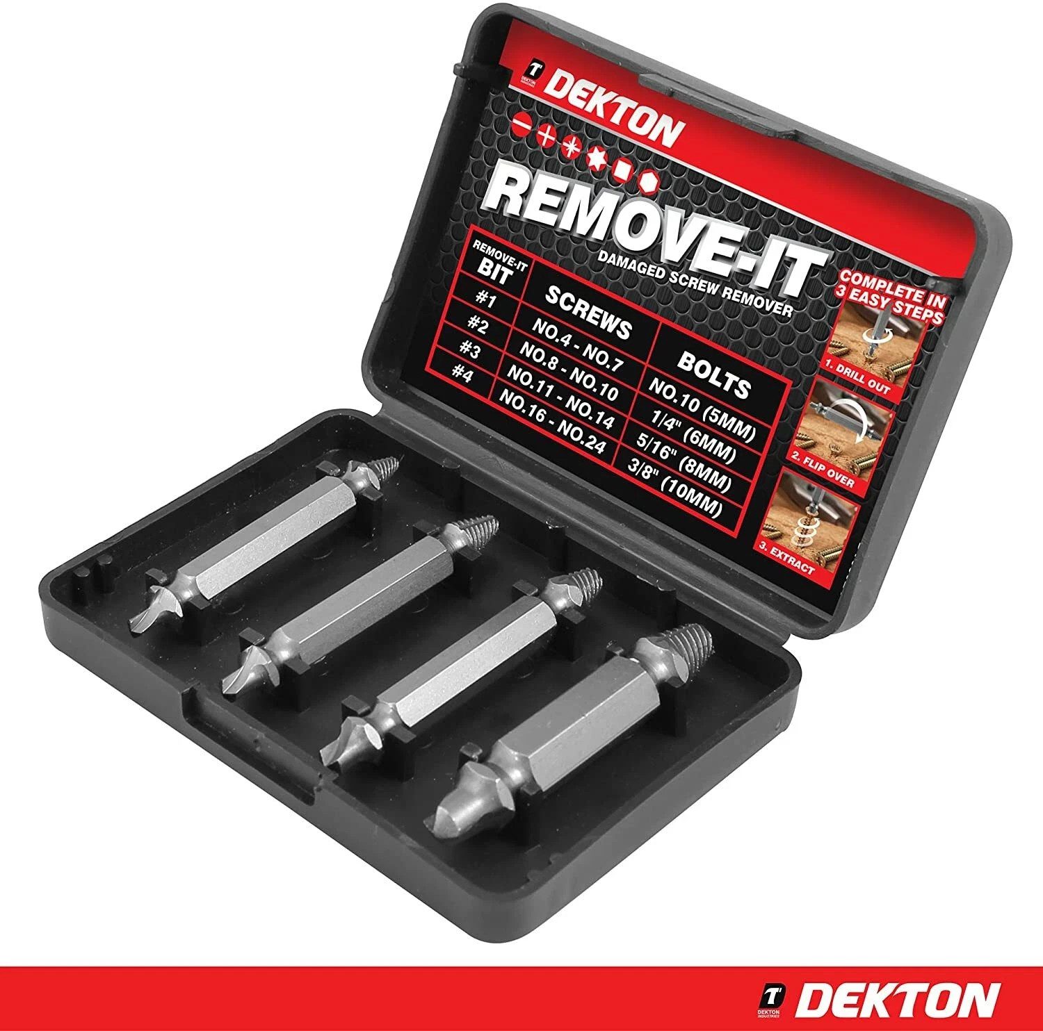 Dekton DT65924 Remove-It 4pc Damaged Screw Bolt Extractor Bit Set With Case New - Image 2