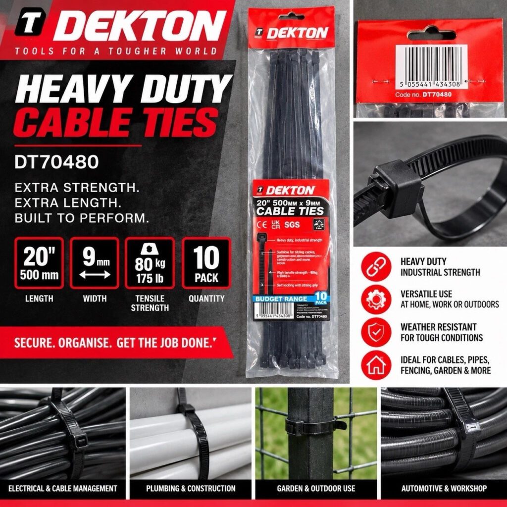 Dekton DT70480 Cable Ties 500mm x 9mm Black Heavy Duty 10 Pack New