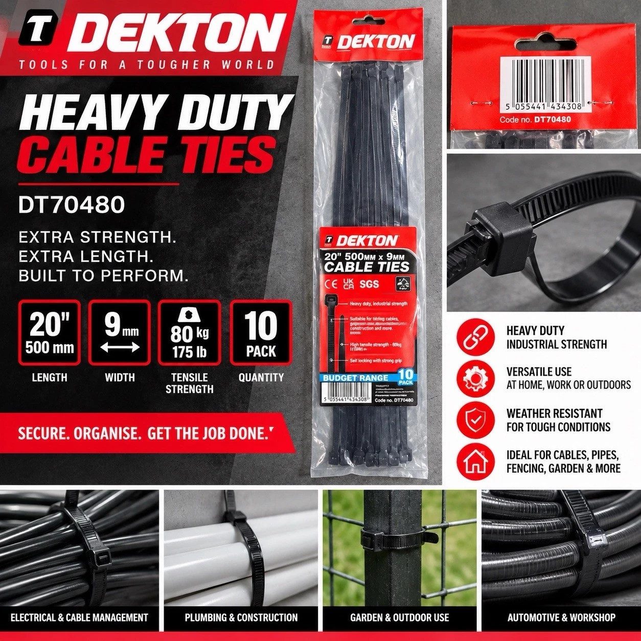 Dekton DT70480 Cable Ties 500mm x 9mm Black Heavy Duty 10 Pack New - Image 1