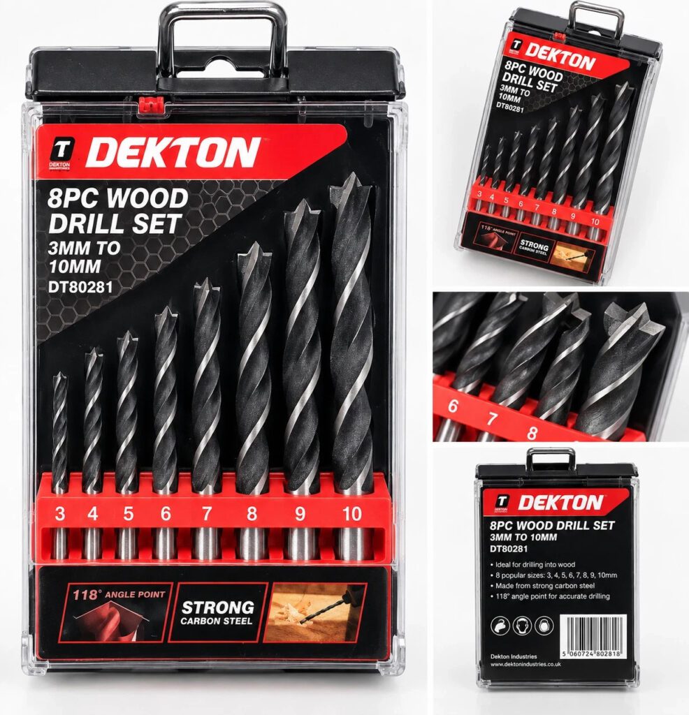 Dekton DT80281 8 Piece Wood Drill Bit Set 3-10mm Carbon Steel With Case New