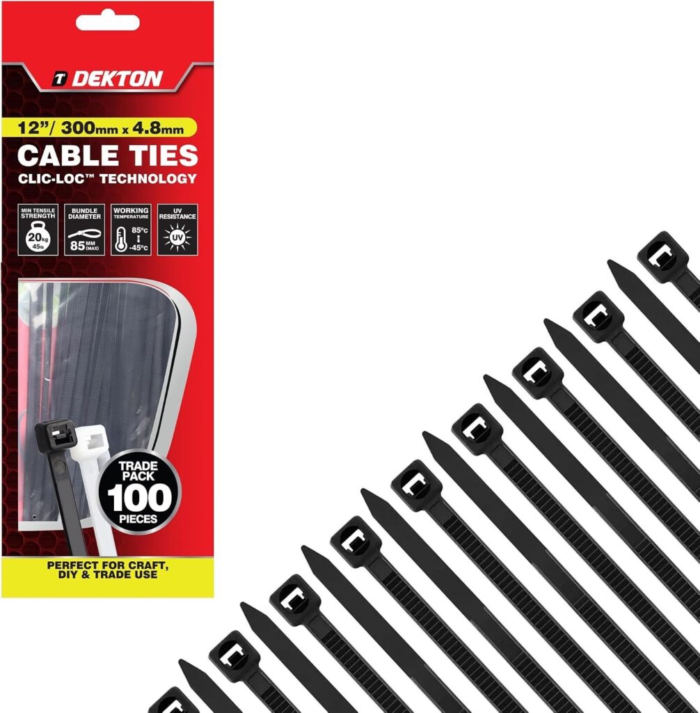 Dekton Black Cable Ties 12 Inch 300mm x 4.8mm 100 Pack Heavy Duty Zip Ties New