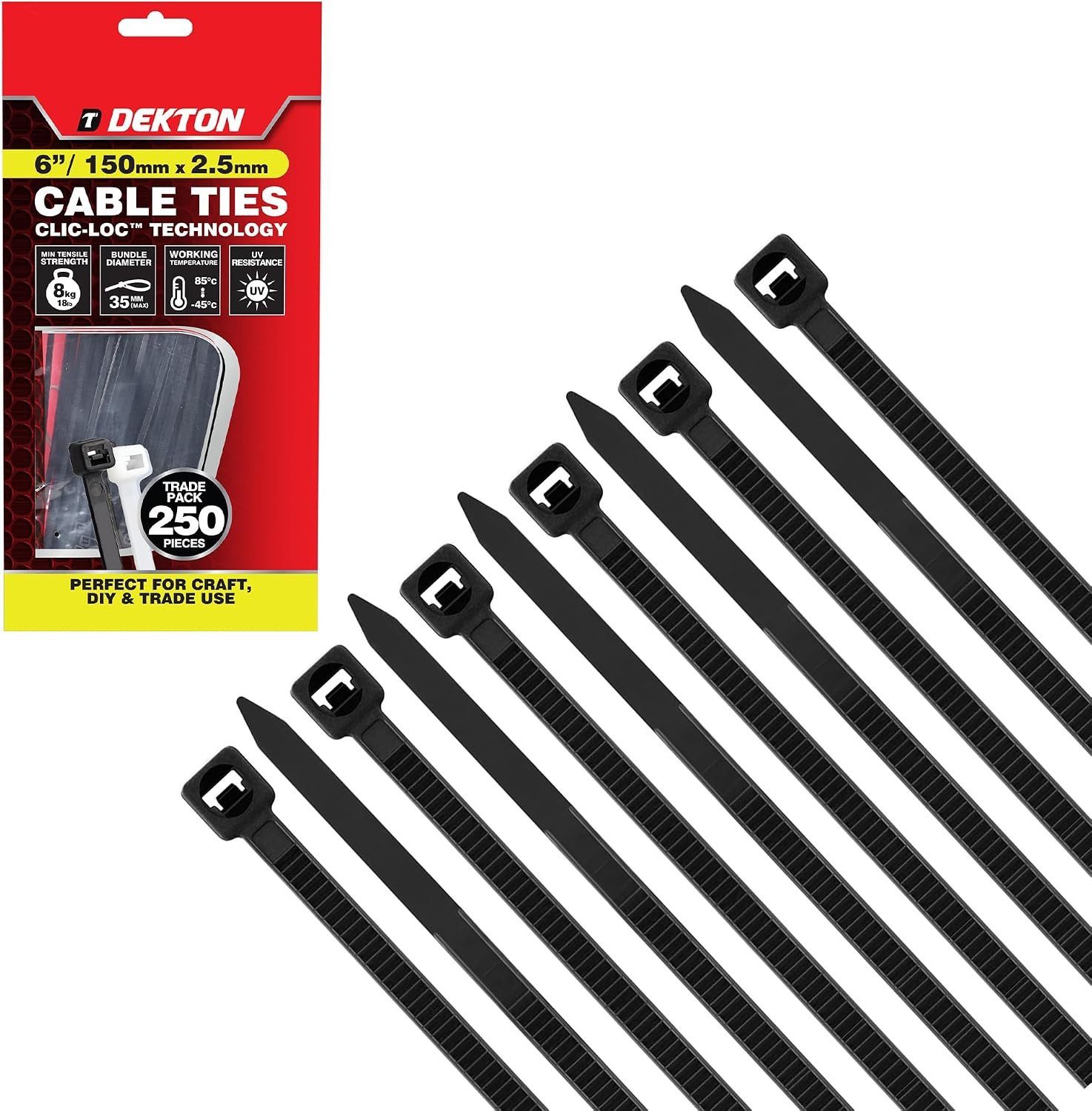 Dekton Black Cable Ties 150mm x 2.5mm 250 Pack Clic-Loc UV Resistant New - Image 1