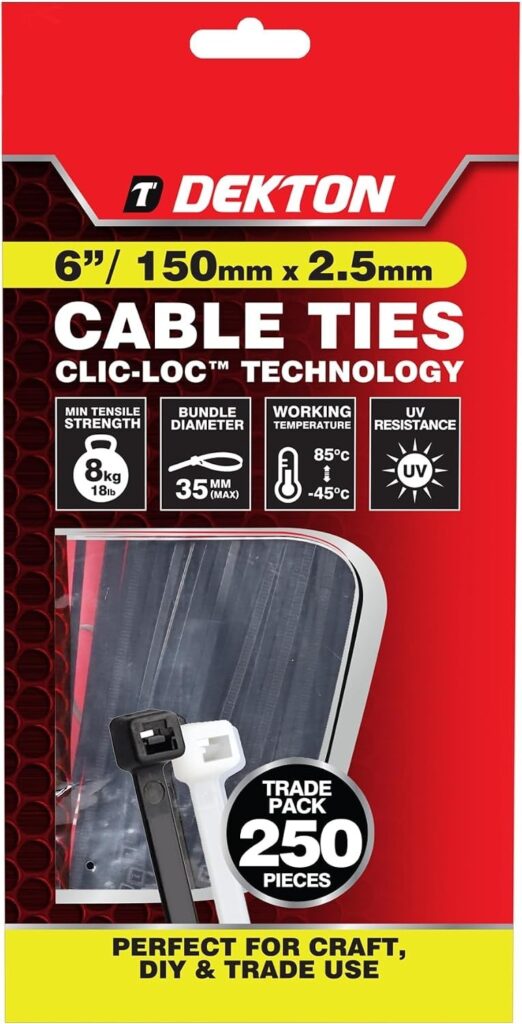 Dekton Black Cable Ties 150mm x 2.5mm 250 Pack Clic-Loc UV Resistant New