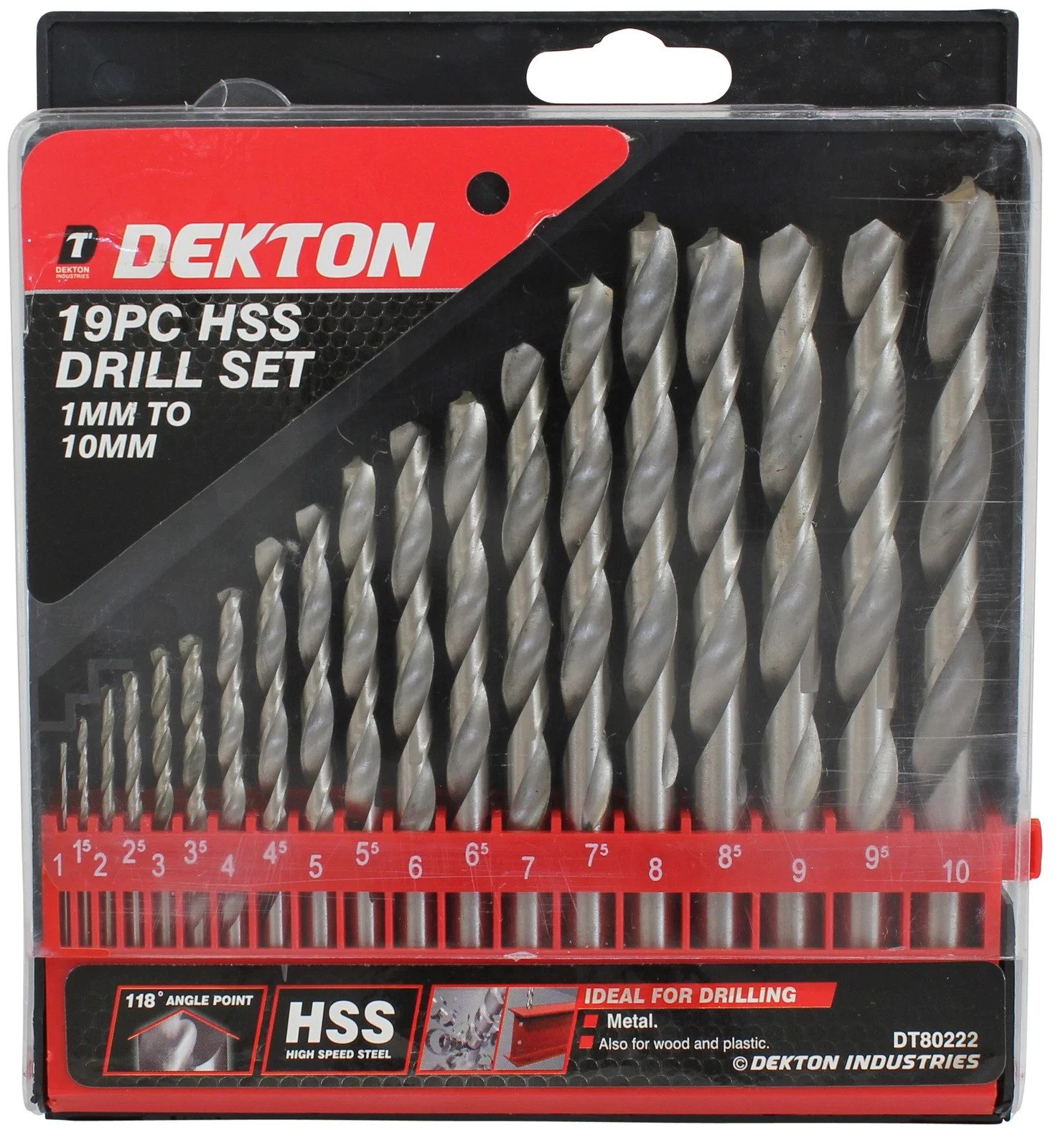 Dekton DT80222 19pc HSS Drill Bit Set 1-10mm Metal Wood Plastic With Case New - Image 1